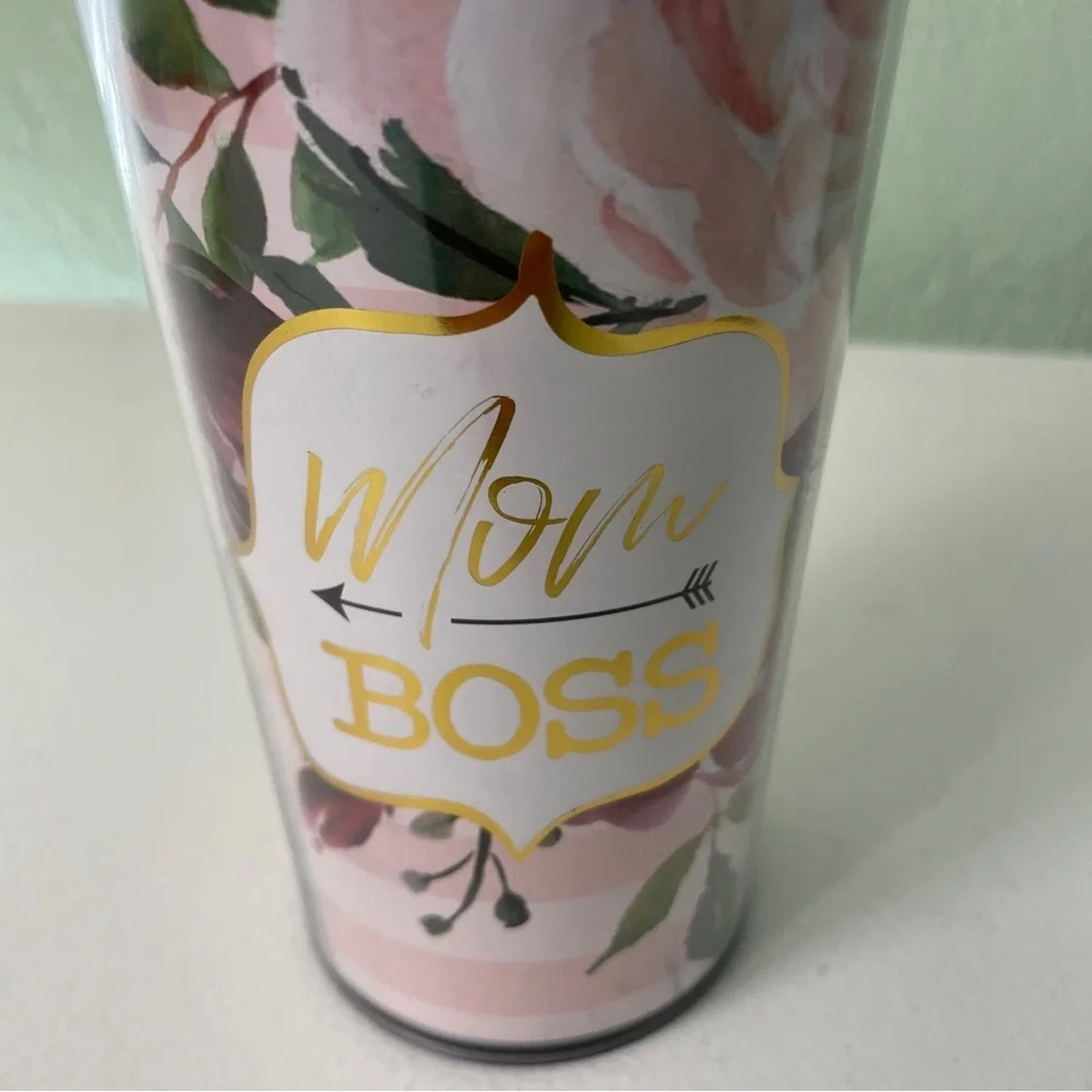 Mom Boss Travel Floral Coffee Mug Cup Plastic Metal Pink Moms Holiday Gift‎ Boho